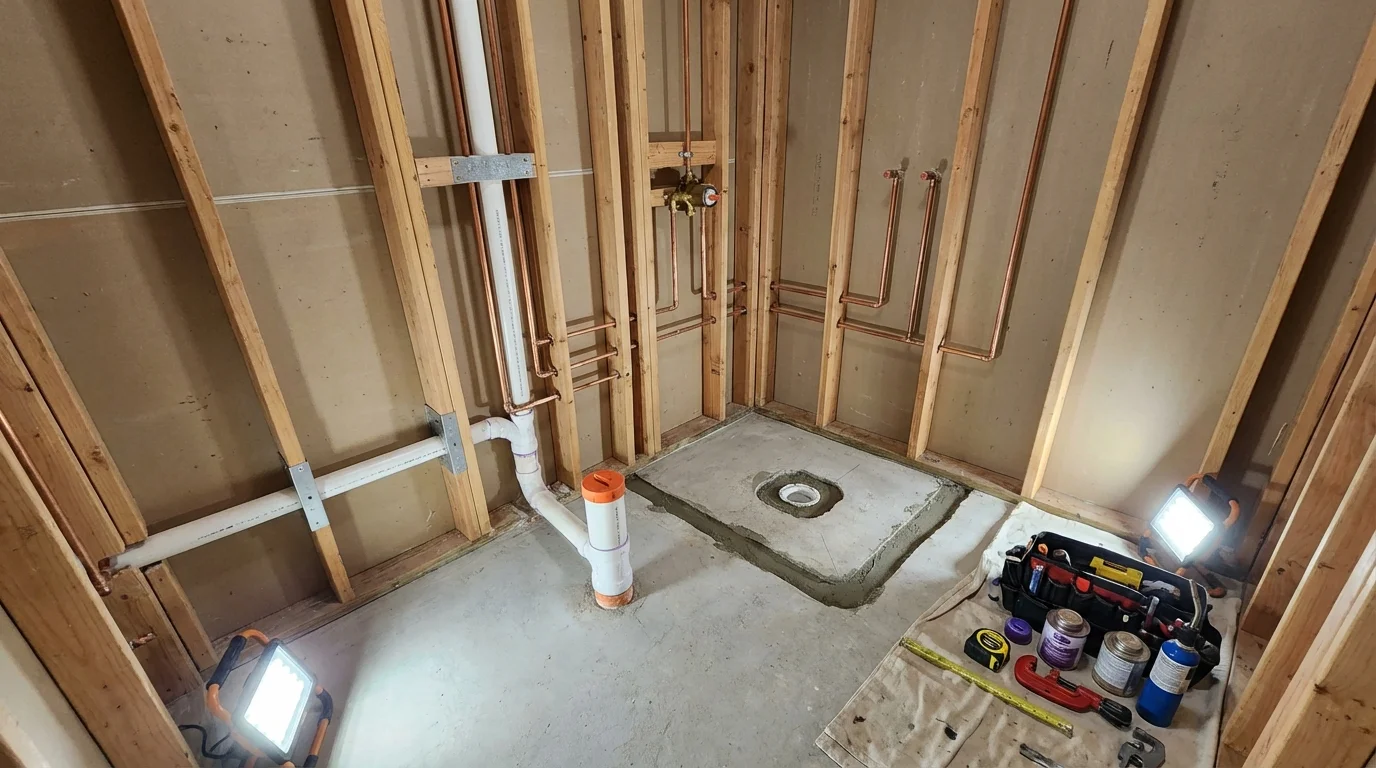 Bathroom rough-in plumbing during remodel by Johns Plumbing LLC in Wimberley