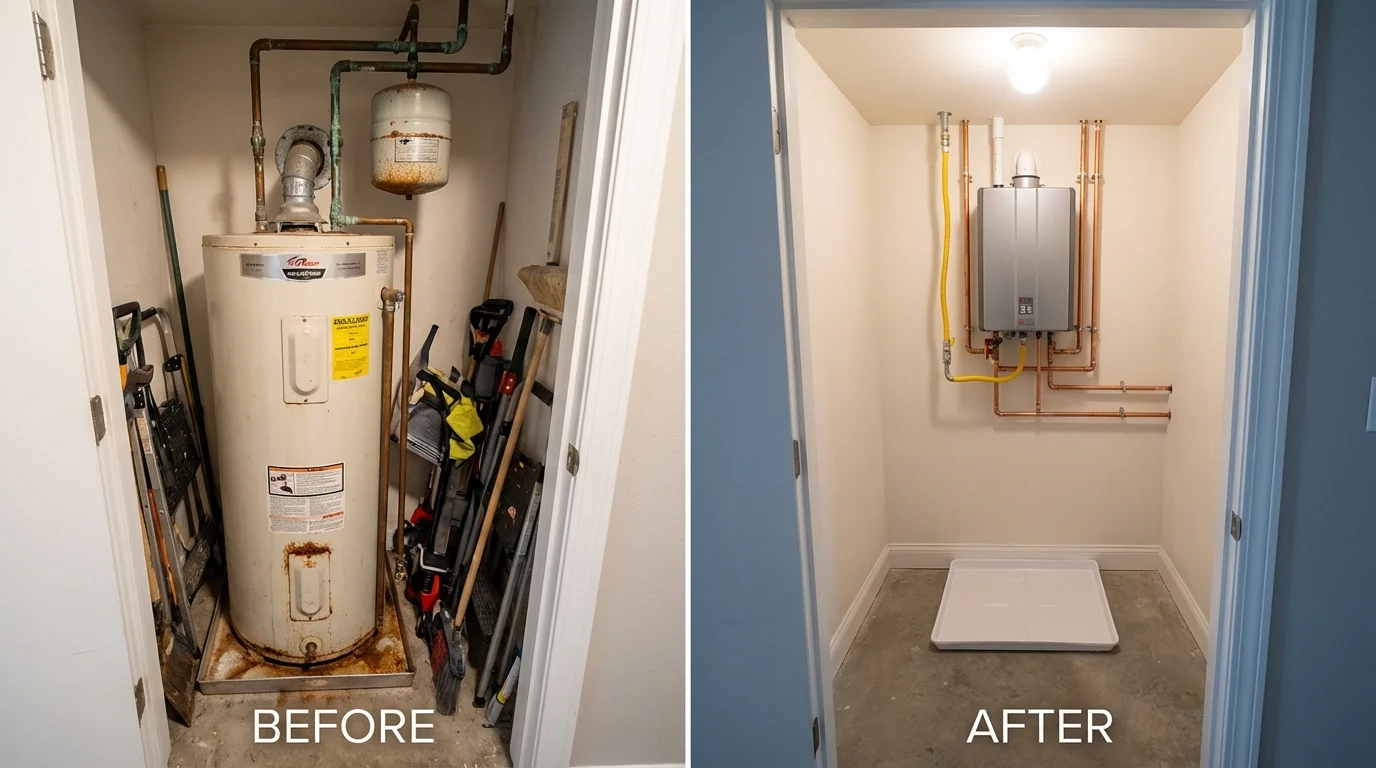 Tank water heater versus wall-mounted tankless unit comparison for Wimberley, TX homeowners