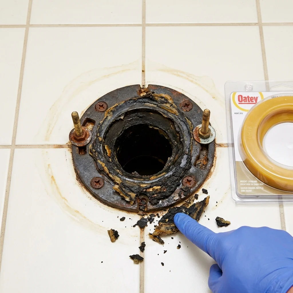 Failed wax ring showing water seepage at the base of a toilet in a Wimberley, TX home